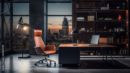 A professional office space with a leather chair and desk 