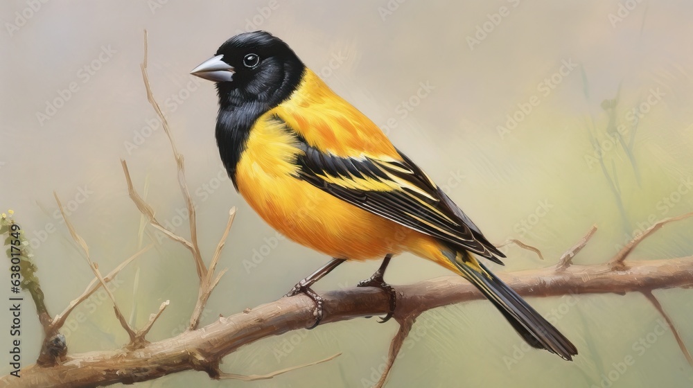 Obraz premium The black headed bunting is a passerine bird. It breeds in south eastern Europe from Persia eastward and migrates mostly to India in the winter, however some individuals go even farther into south