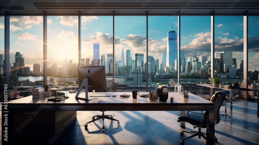 A professional office with a city skyline view through windows