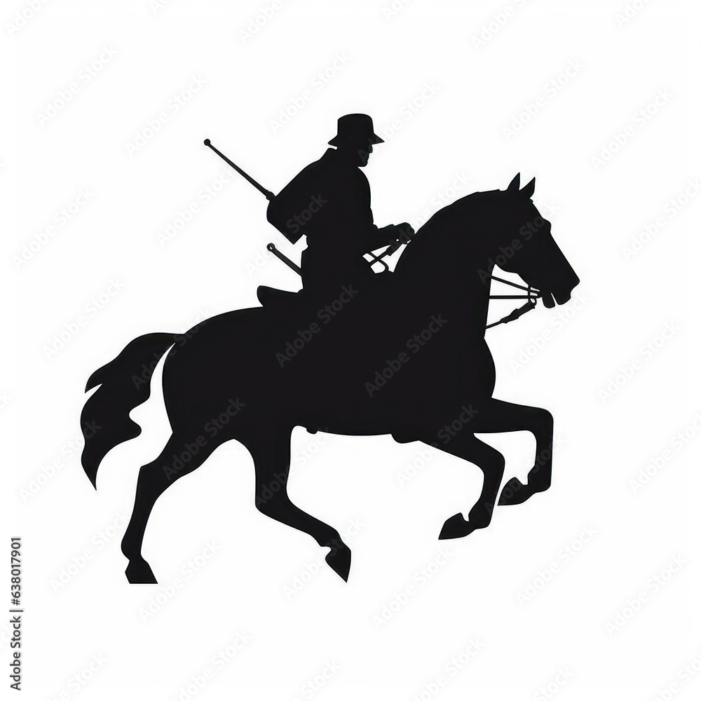 Illustration of the silhouette of a rider on a horse and white background. Generative AI.