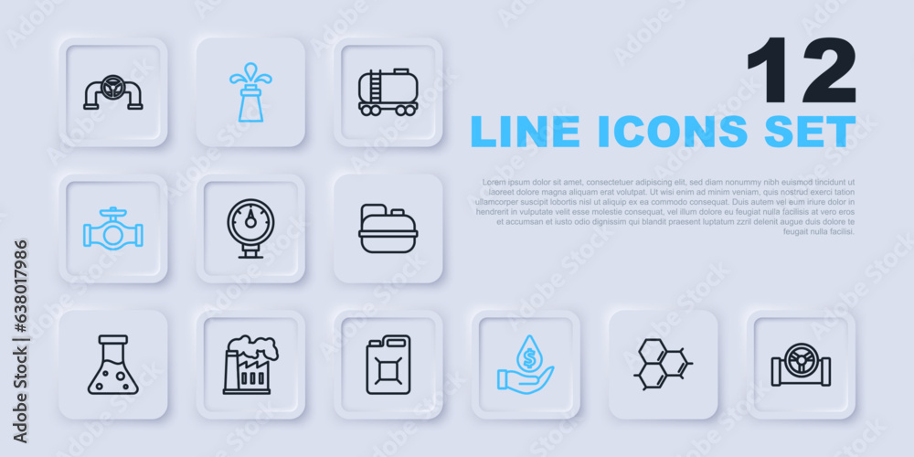 Set line Molecule oil, Oil pipe with valve, Motor gas gauge, drop dollar symbol, and industrial factory, rig and Canister for gasoline icon. Vector Set line Molecule oil, Oil pipe with valve, Motor gas gauge, drop dollar symbol, and industrial factory, rig and Canister for gasoline icon. Vector