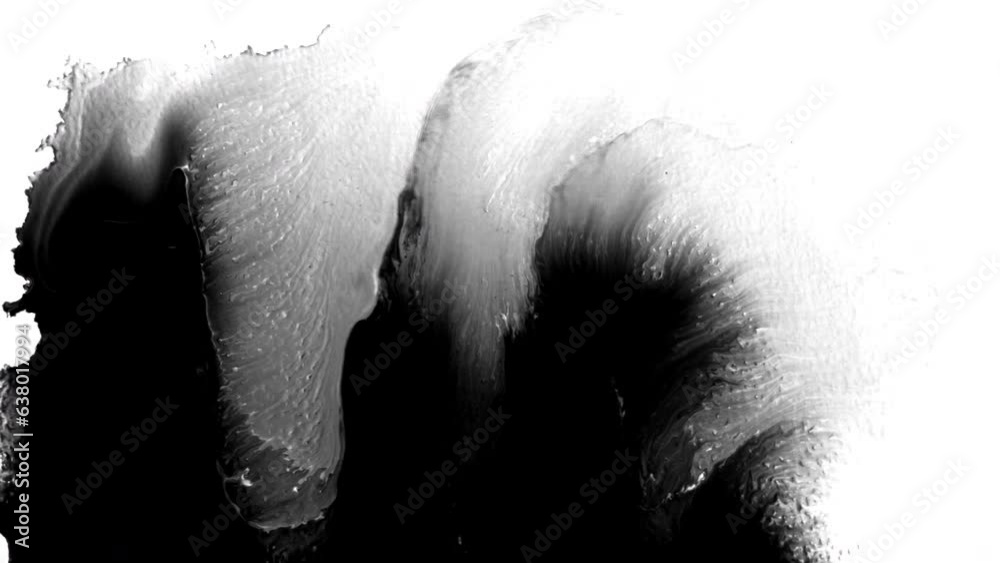 Black ink abstract background artistic flow splatter spots spills white paper beautiful reveal dripping streaks spread fluid ink alpha matte isolated watercolor ink drops transition	
