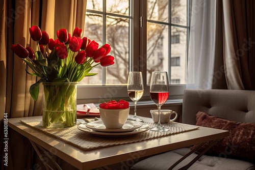 A table in the living room or house with two champagne flutes and red tulip flowers for Valentines Day, a romantic evening, and the holidays.