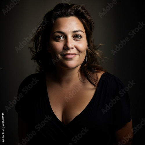 portrait d'une femme de 40 ans légèrement corpulente brune et souriante dans une robe sombre