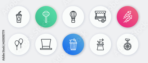 Set line Popcorn in cardboard box, Firework rocket, Balloons with ribbon, Magician hat, Fast street food cart, Hot air balloon, Unicycle and Cylinder icon. Vector