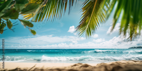 Tropical beach panorama view, coastline with palms, Caribbean sea in sunny day, summer time, Tropical seascape with Palm trees, turquoise sea or ocean under sky with white clouds. Background of summer