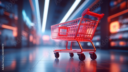 Red shopping cart on a blurred supermarket background