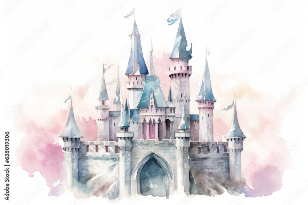 watercolor illustration of a princess castle with a unicorn background