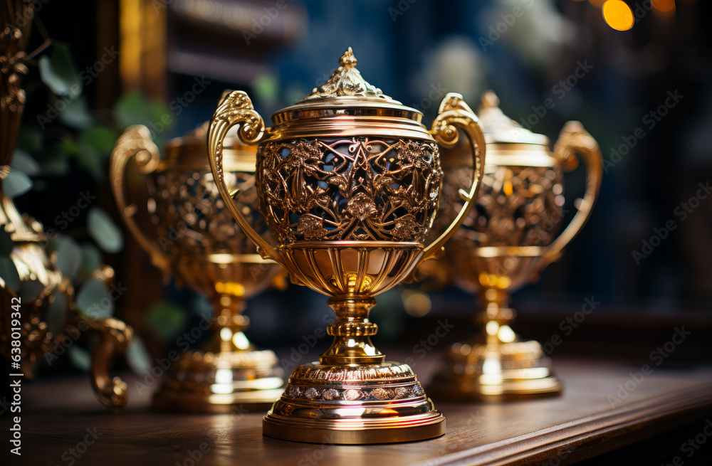 A collection of golden cups displayed on a rustic wooden table A collection of golden cups displayed on a rustic wooden table