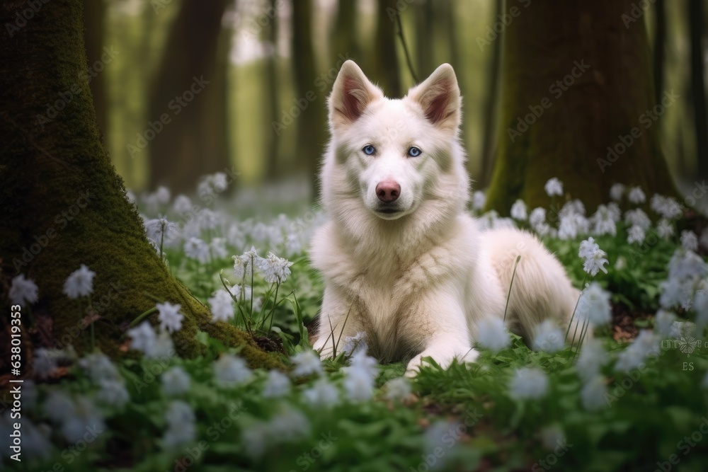 Obraz premium In the spring woodland, this adorable white dog sits amid gorgeous flowering wood anemones. Picture of a young Swiss Shepherd dog in the spring woods. Hiking with your pet