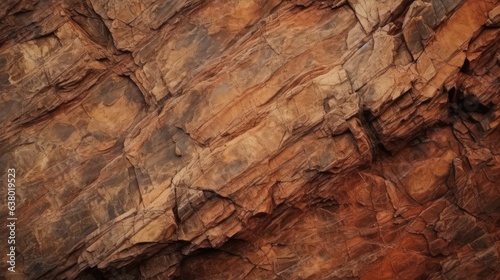 Brown rock texture with cracks. Close-up. Rough mountain surface. Stone granite background for design. Nature. © Adriana