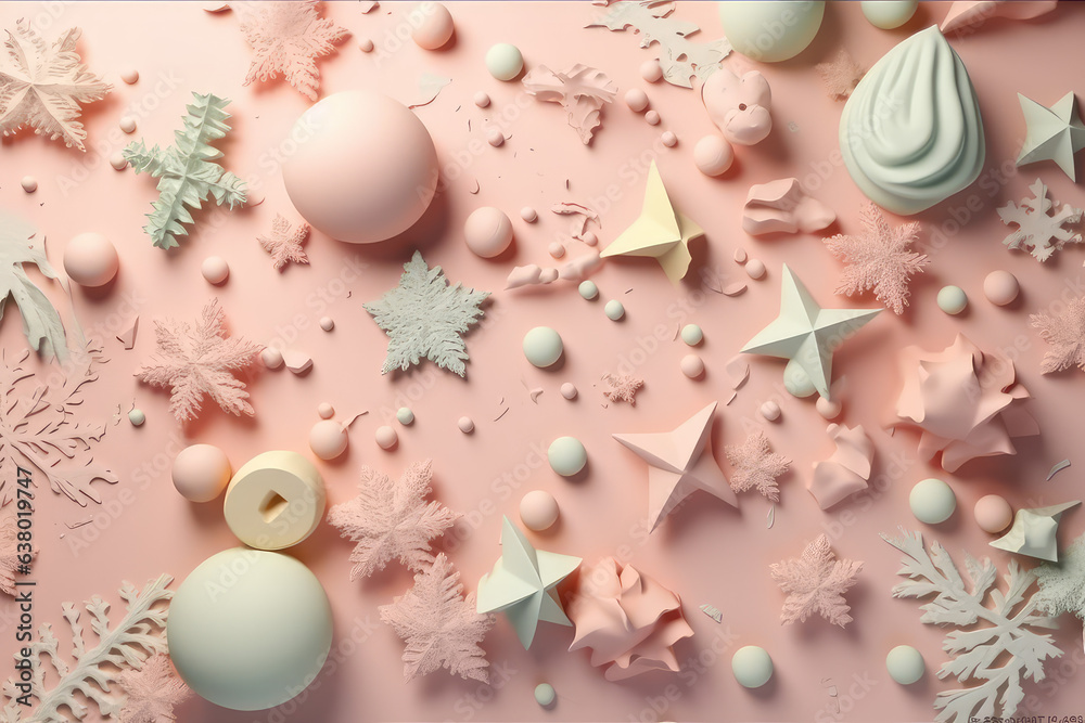 Fashionable New Year's background, card or postcard. Christmas and celebration. Gifts, snowflakes and Christmas tree. Pastel blue and pink colors. Generative AI. Fashionable New Year's background, card or postcard. Christmas and celebration. Gifts, snowflakes and Christmas tree. Pastel blue and pink colors. Generative AI.