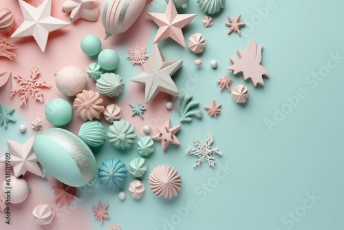 Fashionable New Year's background, card or postcard. Christmas and celebration. Gifts, snowflakes and Christmas tree. Pastel blue and pink colors. Generative AI.