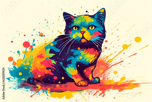 Multicolored cat with paint flecks is sitting and looking slightly confused. Generative AI