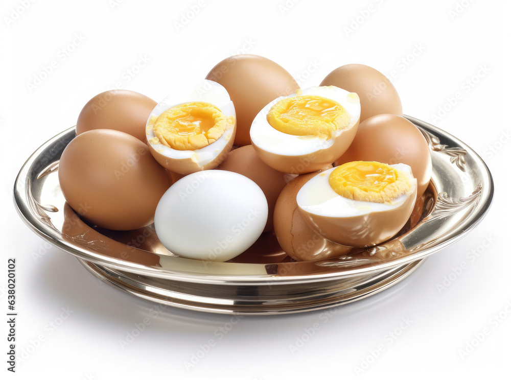 A dish of boiled eggs on a white background A dish of boiled eggs on a white background
