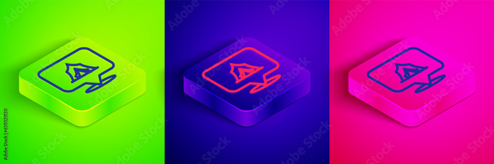 Isometric line Circus tent icon isolated on green, blue and pink background. Carnival camping tent. Amusement park. Square button. Vector Isometric line Circus tent icon isolated on green, blue and pink background. Carnival camping tent. Amusement park. Square button. Vector