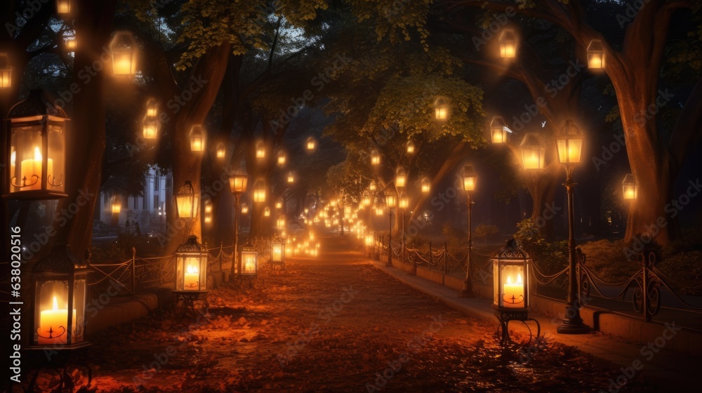 A pathway lined with lots of lit up lanterns