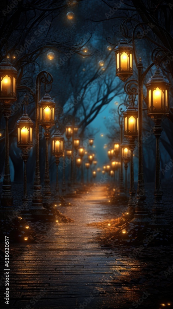 A pathway with many lamps on each side of it
