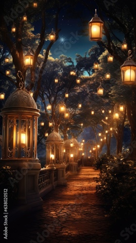 A pathway with lanterns and trees at night