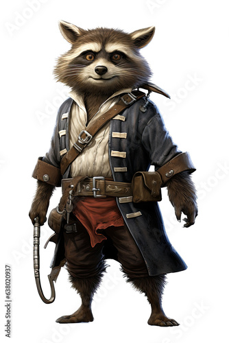 a Swashbuckling raccoon pirate, full body in a Fun-themed, illustration in a PNG, cutout, and isolated. Generative ai