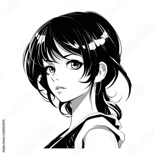 Japanese anime girl black and white vector illustration