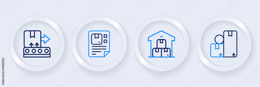 Set line Carton cardboard box, Full warehouse, Waybill and Conveyor belt with icon. Vector Set line Carton cardboard box, Full warehouse, Waybill and Conveyor belt with icon. Vector