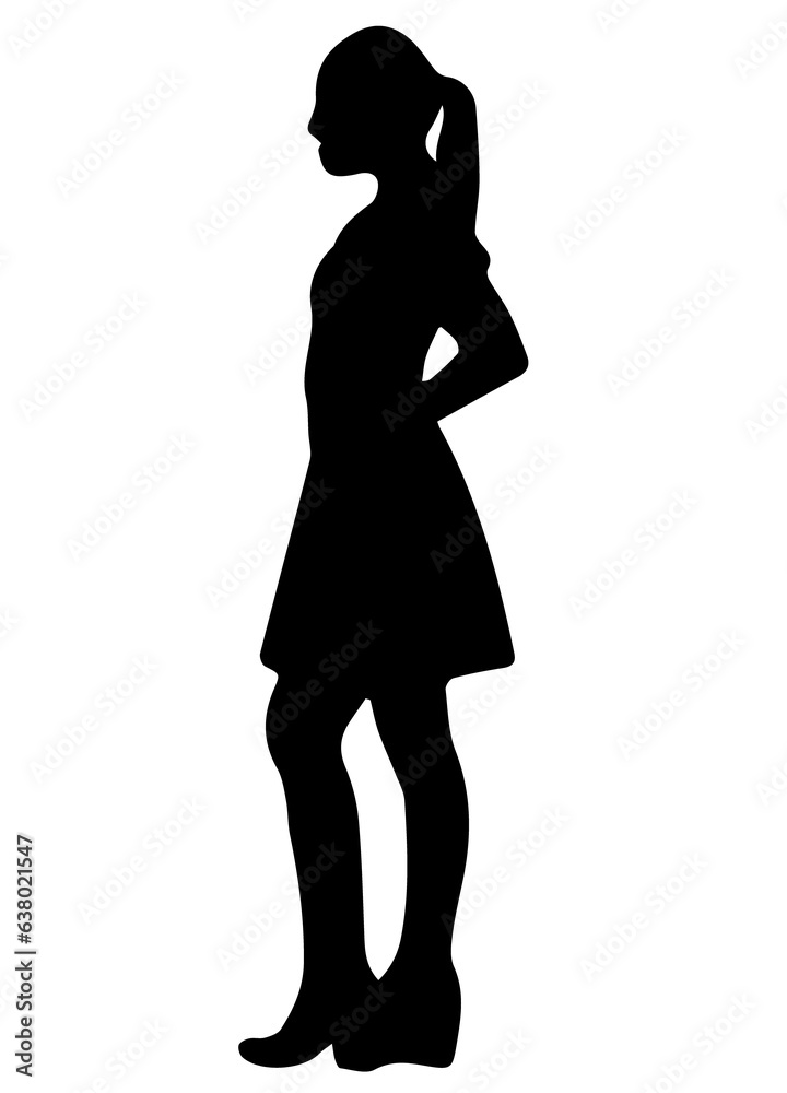 Woman figure silhouette in profile. A woman in a dress stands sideways and put her hands to her hips
