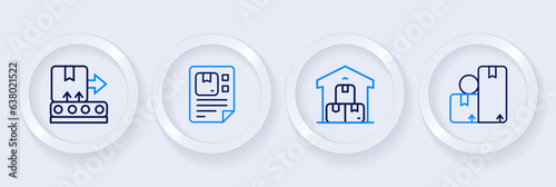 Set line Carton cardboard box, Full warehouse, Waybill and Conveyor belt with icon. Vector
