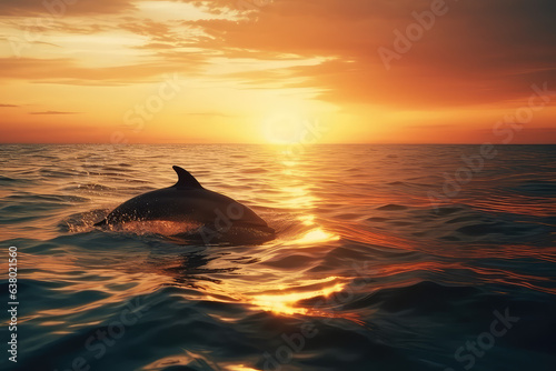 Dolphins in the ocean against the background of the sun an mountings, film photorealistic background. Generative AI. © MoreThanProd
