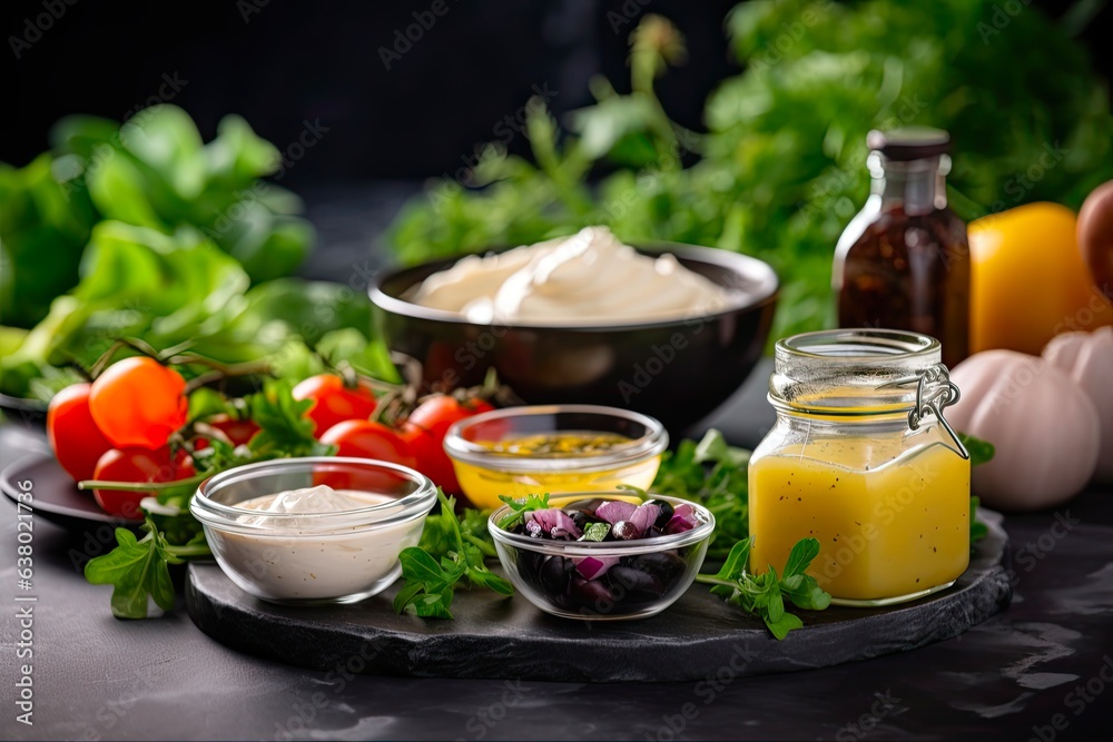 Healthy and Organic Salad Dressings Set with Vinaigrette, Mustard, and More on Dark Stone Table. Generative AI Healthy and Organic Salad Dressings Set with Vinaigrette, Mustard, and More on Dark Stone Table. Generative AI