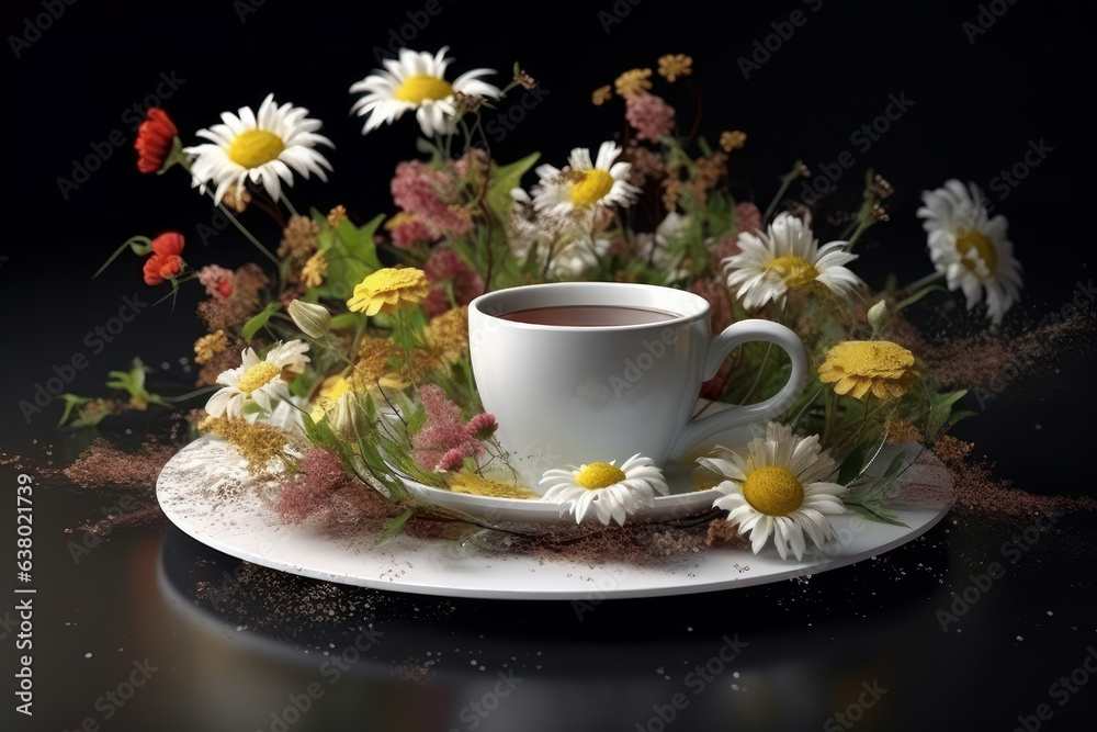 Cup of coffee, on a table with natural flowers. Generative AI. Cup of coffee, on a table with natural flowers. Generative AI.