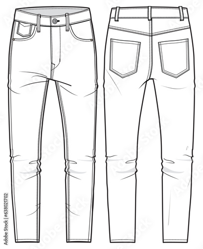 Men's denim jeans trouser pants front and back view flat sketch fashion illustration, five pockets denim pants vector template