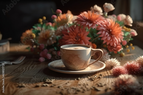 Cup of coffee, on a table with natural flowers. Generative AI.