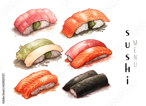 set of beautiful tasty japanese sushi seafood - watercolor hand drawn objects isolated on white background