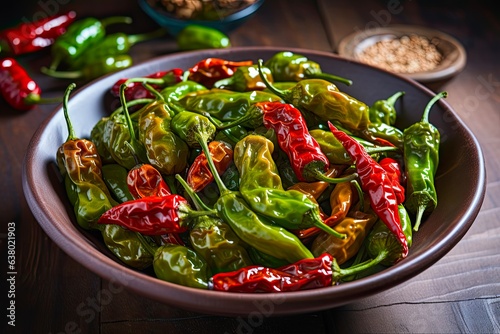 Roasted Asian Shishito Peppers on a Bell Pepper Background: A Delicious and Spicy Addition to Your Diet. Generative AI