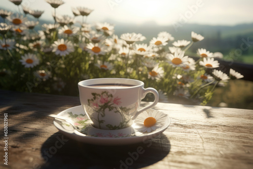 Cup of coffee, on background of natural flowers. Generative AI.