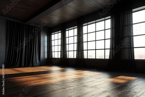 Big window in a new, empty room with black drapes and flooring