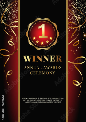 a luxurious red background for the annual awards ceremony with a realistic medal,text,gold sequin and serpentine.