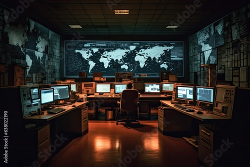 A hackers lair for attacking data servers is dark and full with working screens.