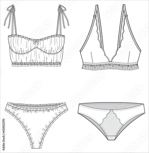 Classic lace Bra and brief panty women's lingerie two piece set design flat sketch fashion illustration vector template, Deep Triangle lace bra and pantie set