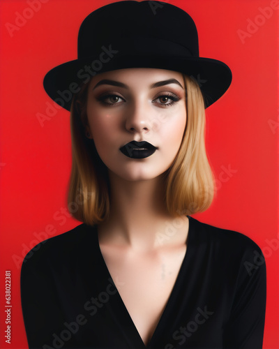 fashion portrait of a woman with black lips in a black hat