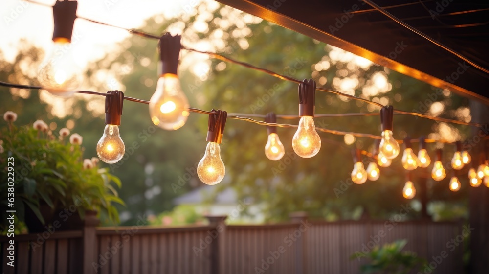 Outdoor lighting garden design. Hanging strings of bulbs. Charming, festive feeling, soft golden hour. Generative AI