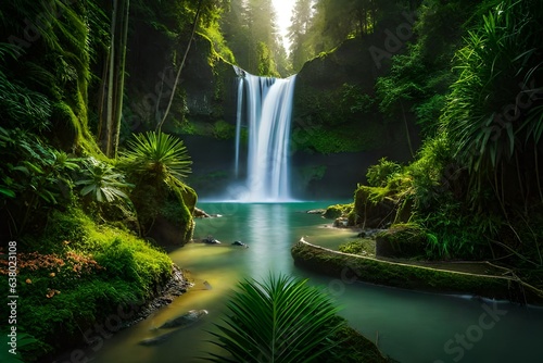 Vibrant jungle waterfall surrounded by lush vegetation generated by AI tool