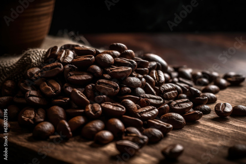 Coffee beans  on dark background. Generative AI.