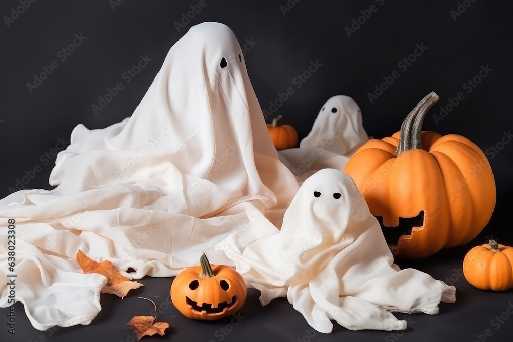 A ghost surrounded by orange pumpkins. Halloween party and celebration. Generative AI. A ghost surrounded by orange pumpkins. Halloween party and celebration. Generative AI.