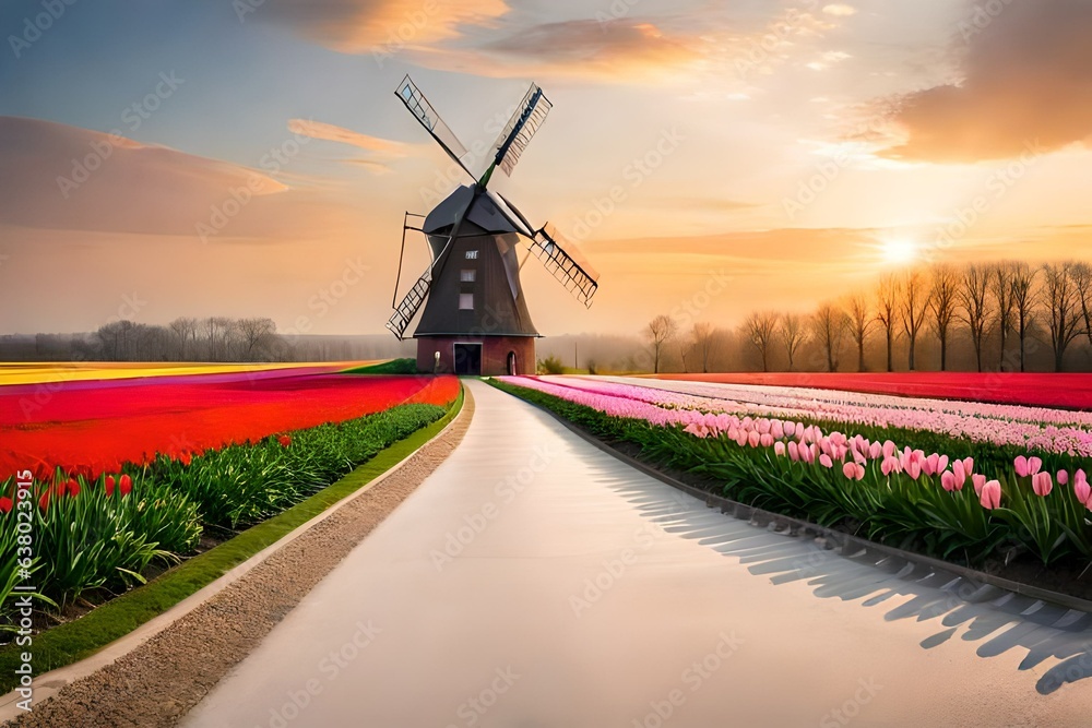 A colorful field of tulips with a windmill in the distance generated by AI tool