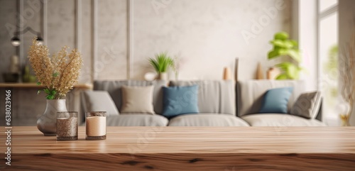 Wood table top on blur living room have sofa and armchair, Generative AI 