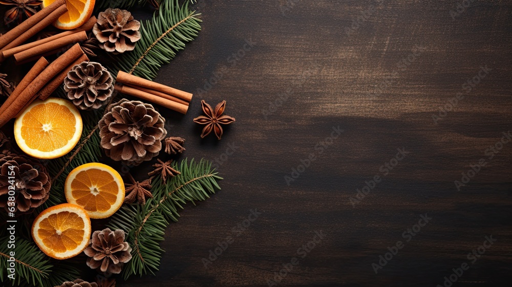 A delightful flat lay featuring a mix of pinecones, cinnamon sticks, and dried oranges, exuding a natural and earthy holiday vibe - Generative ai