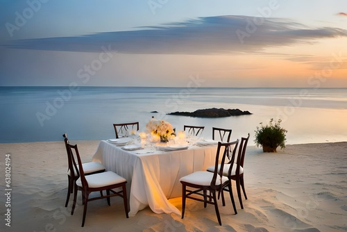 A dreamy setup for a romantic dinner on the seashore, designed with an elegant white theme. The table is adorned with pristine white linens, delicate porcelain dinnerware, and silverware that glimmers