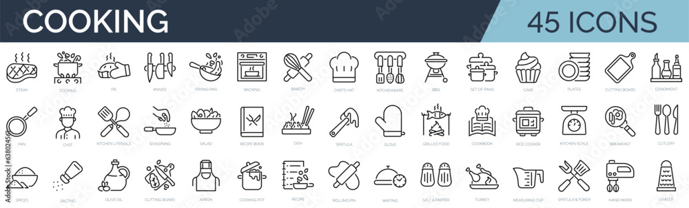 Set of 45 outline icons related to cooking, kitchen. Linear icon collection. Editable stroke. Vector illustration - obrazy, fototapety, plakaty 